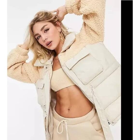 QED London Teddy Puffer Jacket Size 12 Beige Tie Waist Outdoor Warm - Picture 5 of 11